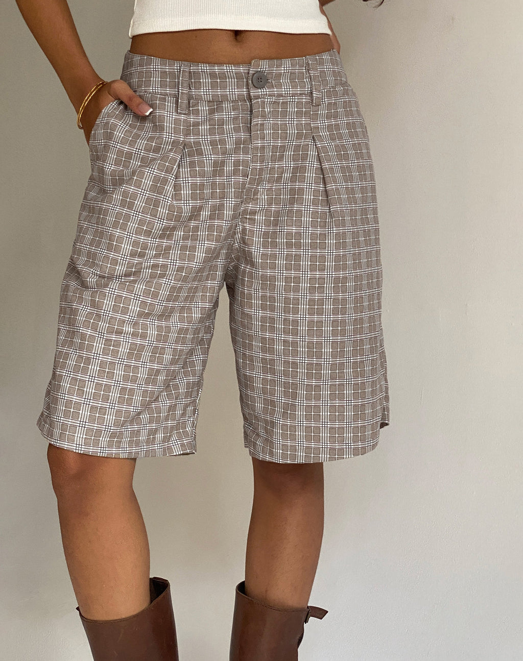 Gail Longline Shorts in Taupe Check