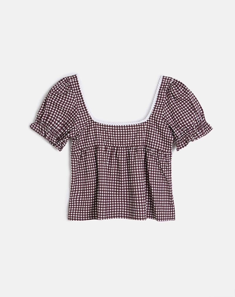 Axoni Vierkante Hals Blouse in Mini Gingham Wijn