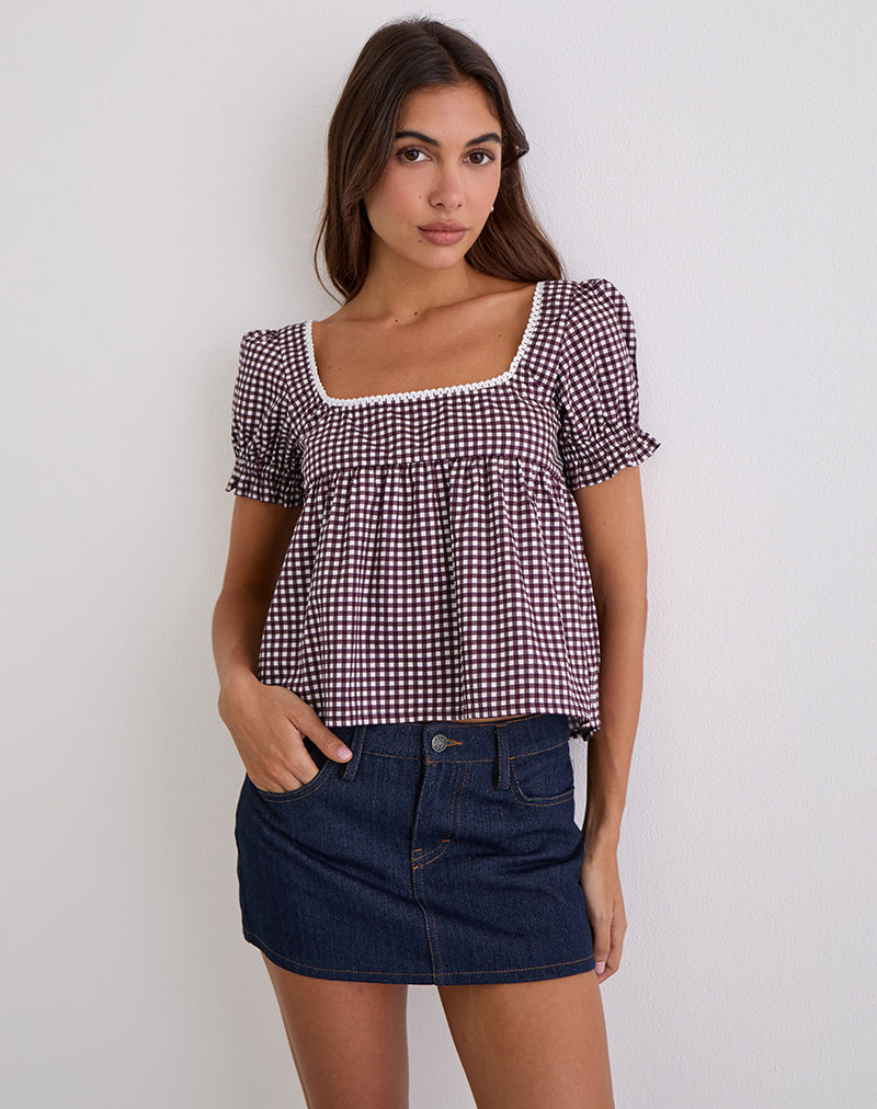 Axoni Vierkante Hals Blouse in Mini Gingham Wijn