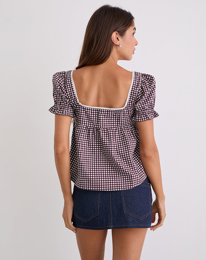 Afbeelding van Axoni Vierkante Hals Blouse in Mini Gingham Wijn