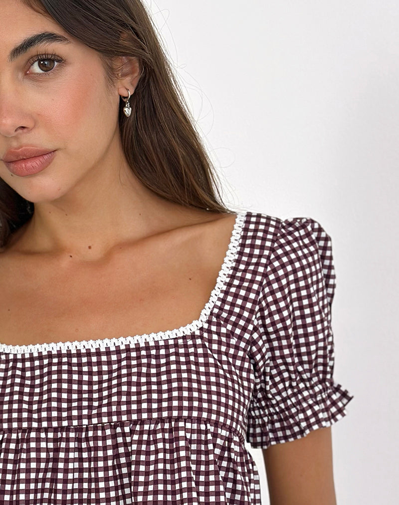 Afbeelding van Axoni Vierkante Hals Blouse in Mini Gingham Wijn