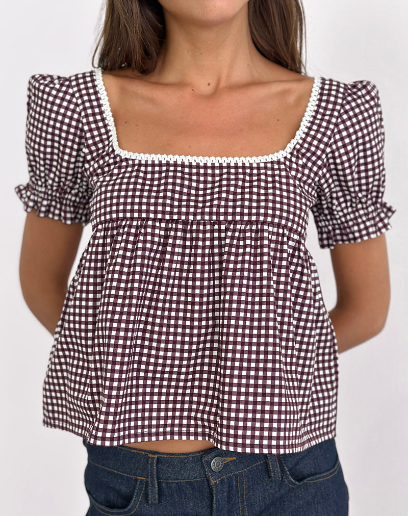 Afbeelding van Axoni Vierkante Hals Blouse in Mini Gingham Wijn