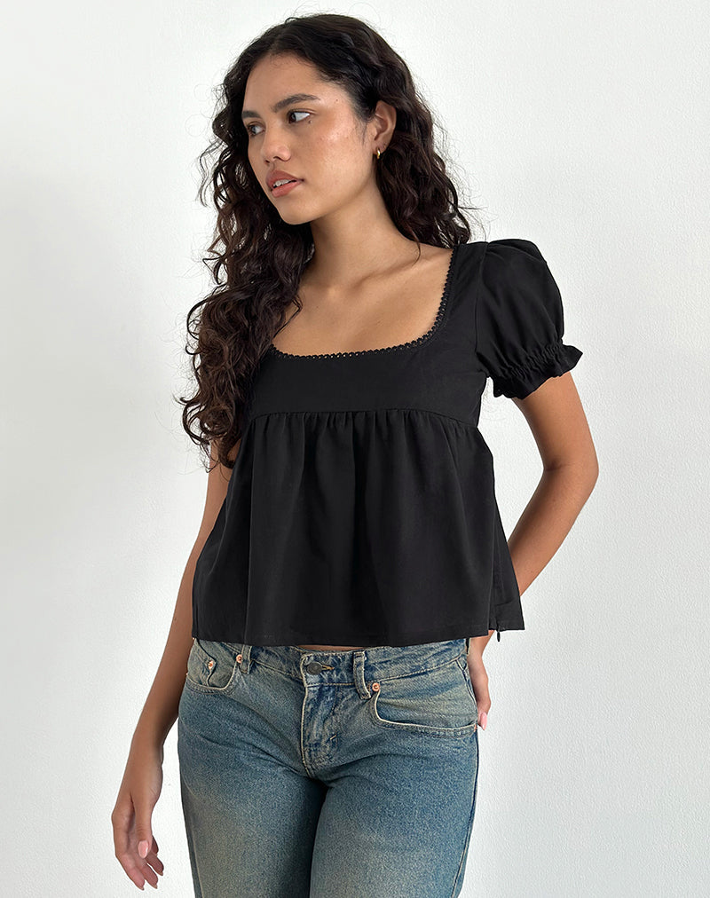 Afbeelding van Axoni Vierkante Hals Blouse in Linnen Zwart