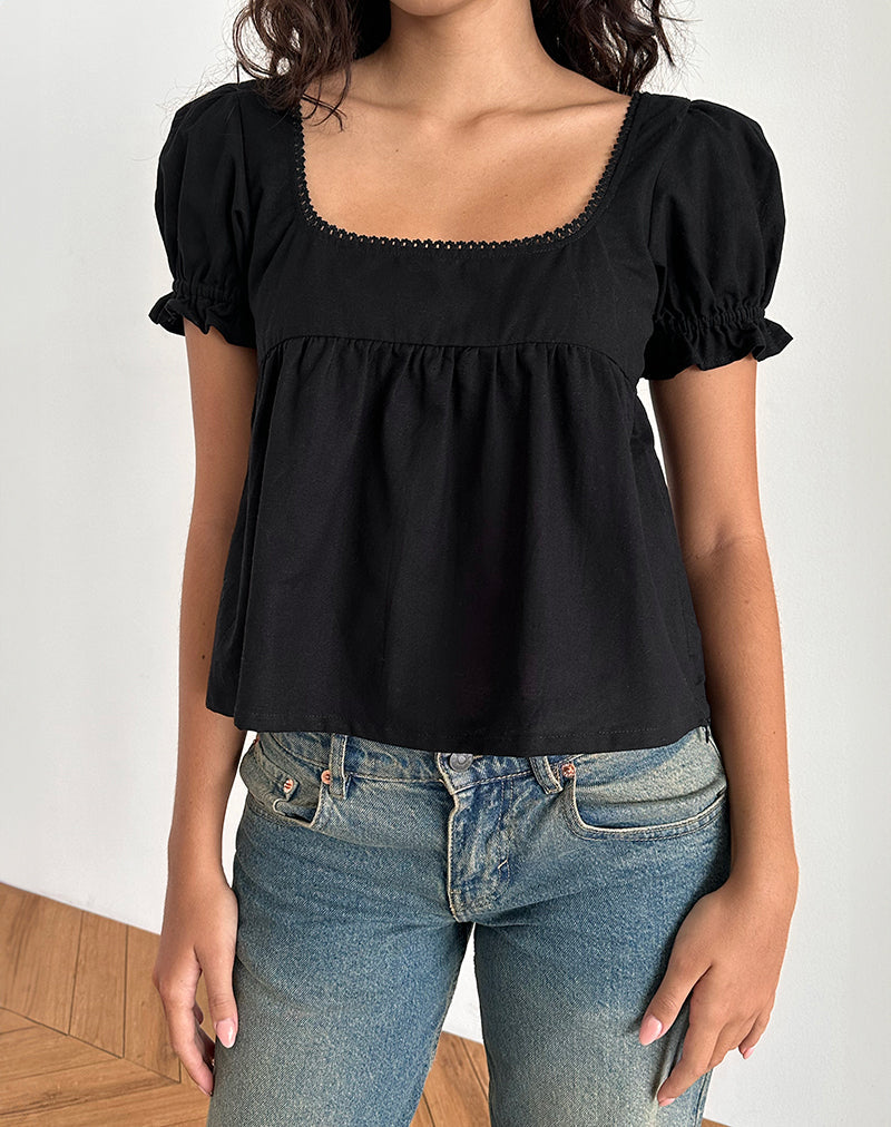 Afbeelding van Axoni Vierkante Hals Blouse in Linnen Zwart