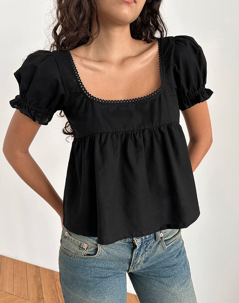 Axoni Vierkante Hals Blouse in Linnen Zwart