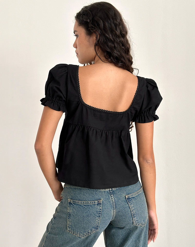 Afbeelding van Axoni Vierkante Hals Blouse in Linnen Zwart