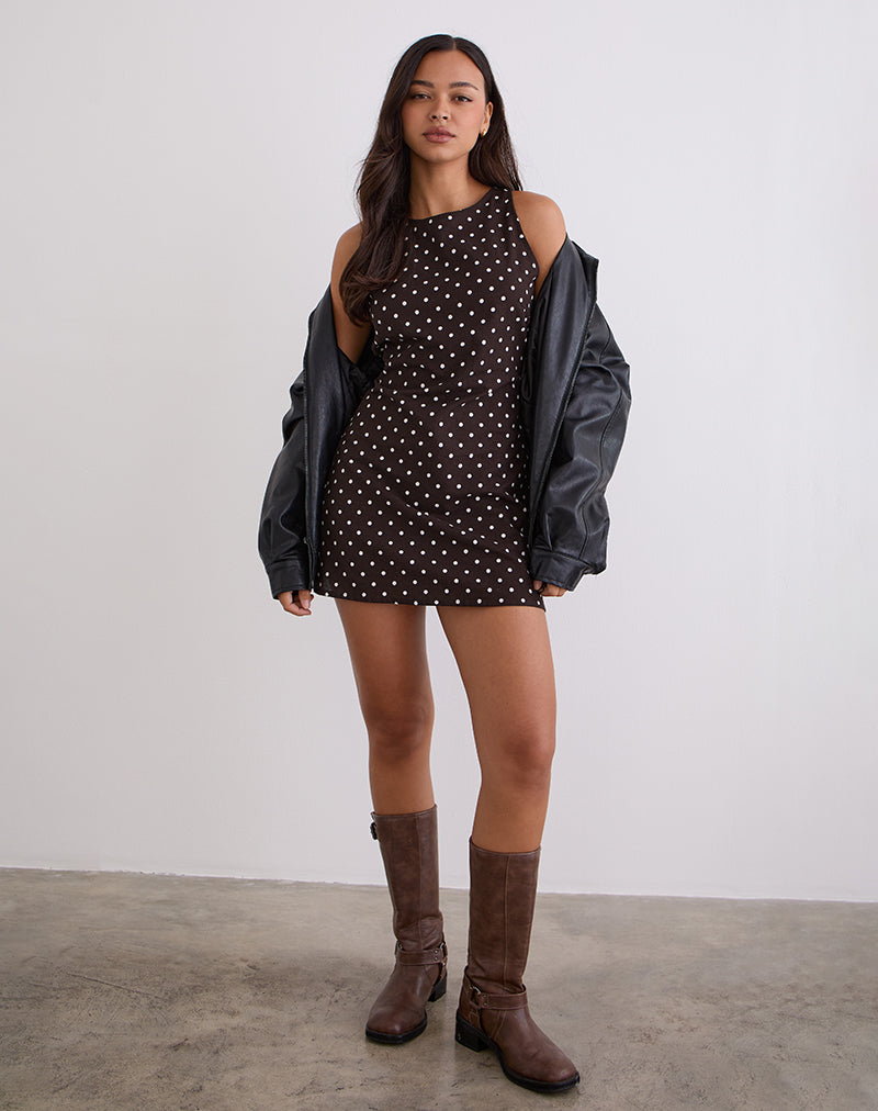 Afbeelding van Ayana Open Rug Mini Jurk in Medium Polka Bruin