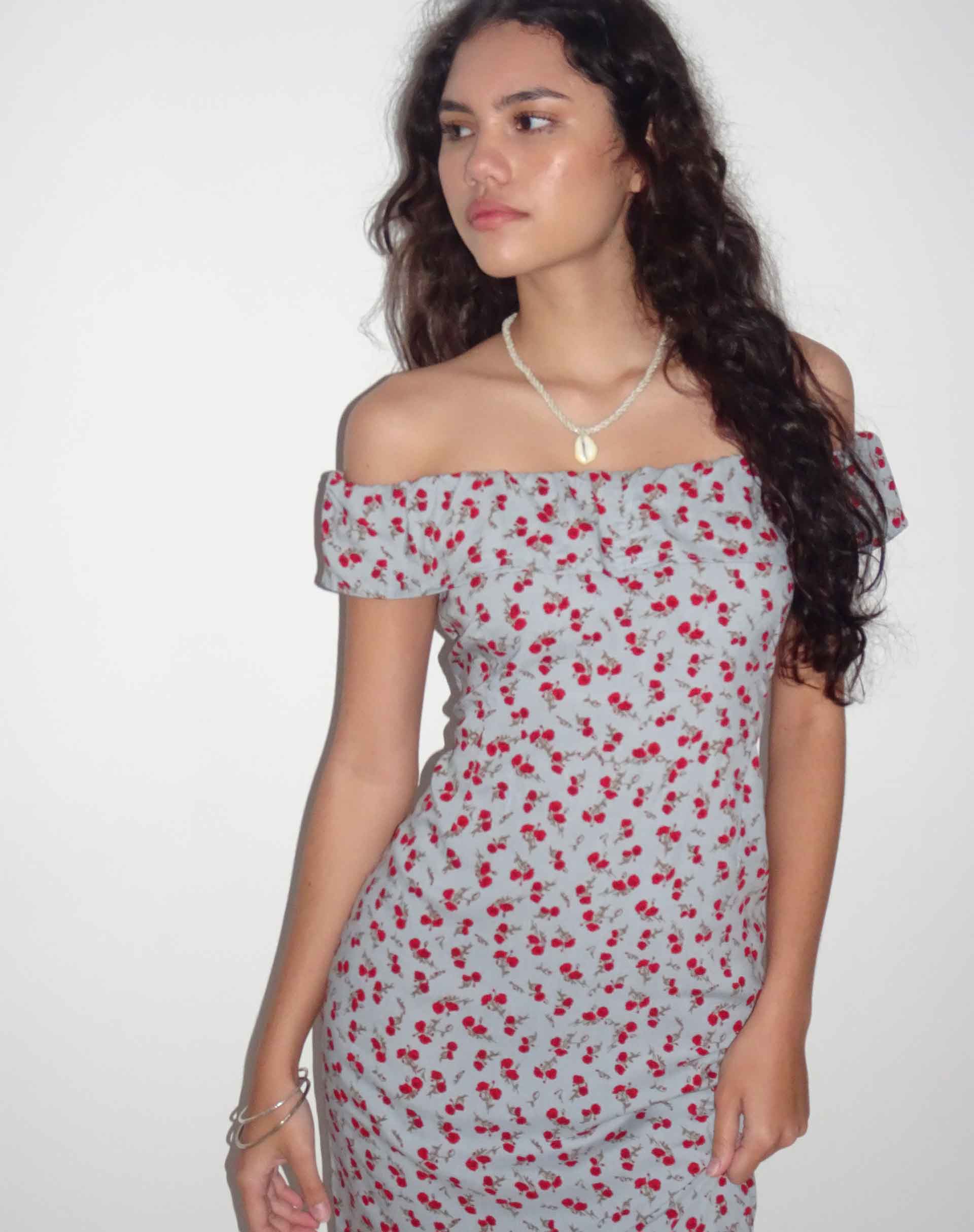 Afbeelding van Ayudia Bardot Midi Dress in Blauw Bloemig Ditsy