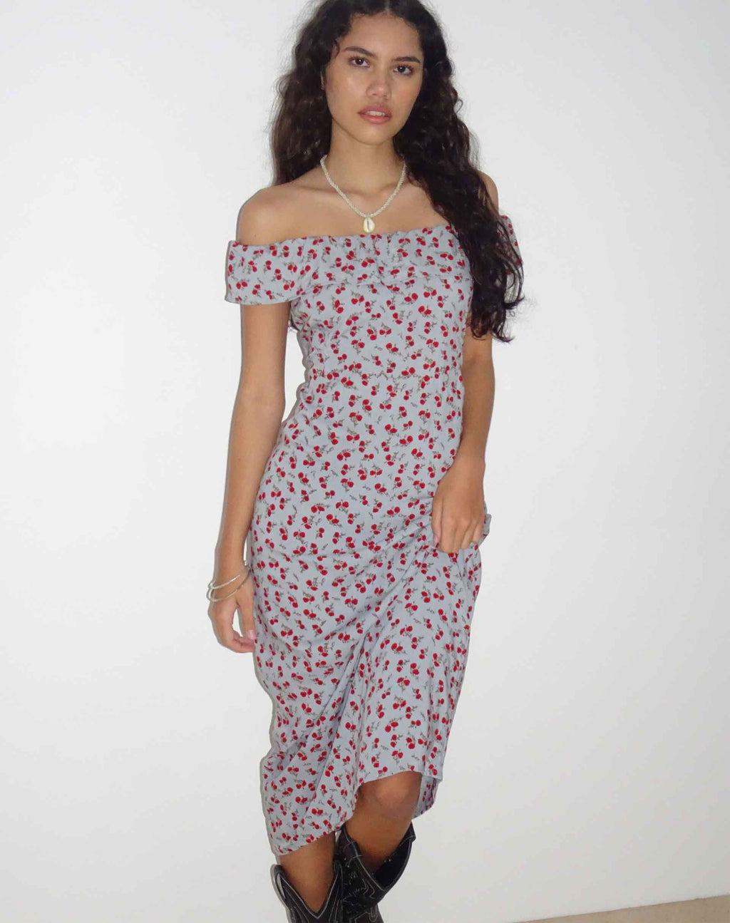 Ayudia Bardot Midi Dress in Blauw Bloemig Ditsy