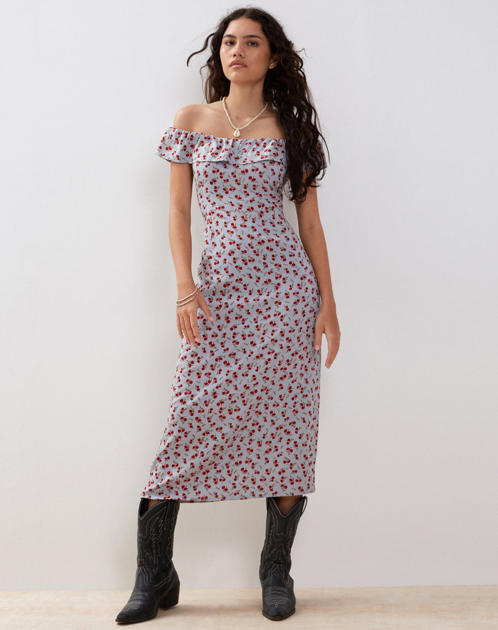 Ayudia Bardot Midi Dress in Blauw Bloemig Ditsy