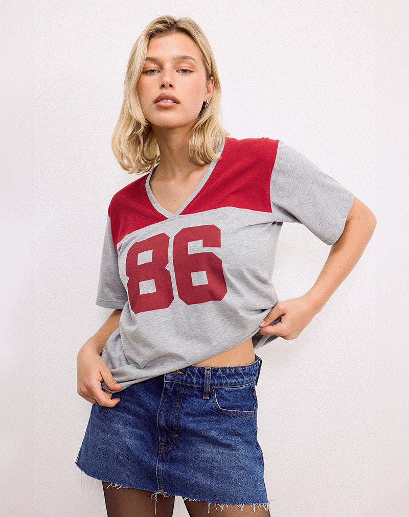 Balap oversized top in grijs gemêleerd en adrenaline rood met '86' opdruk