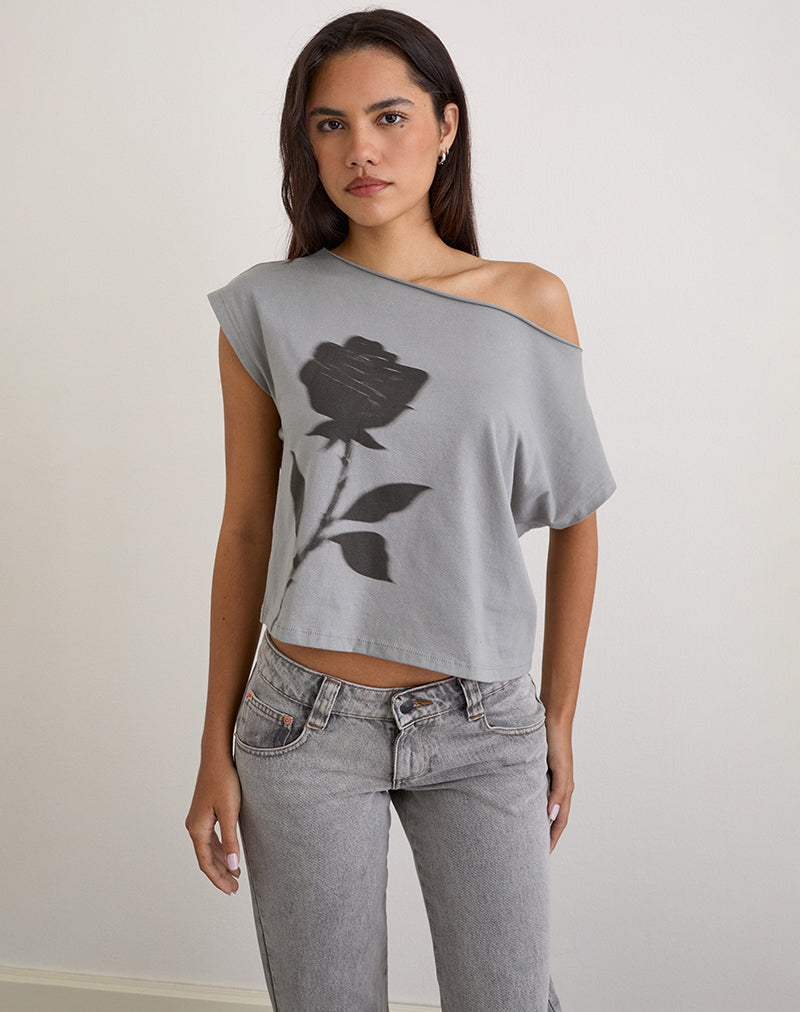 Balia Asymmetrische Basic Top met korte mouwen in grijs met vervaagde rozenprint