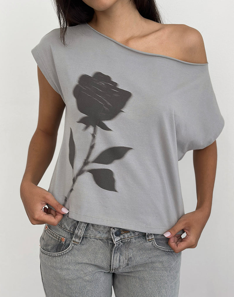 Balia Asymmetrische Basic Top met korte mouwen in grijs met vervaagde rozenprint