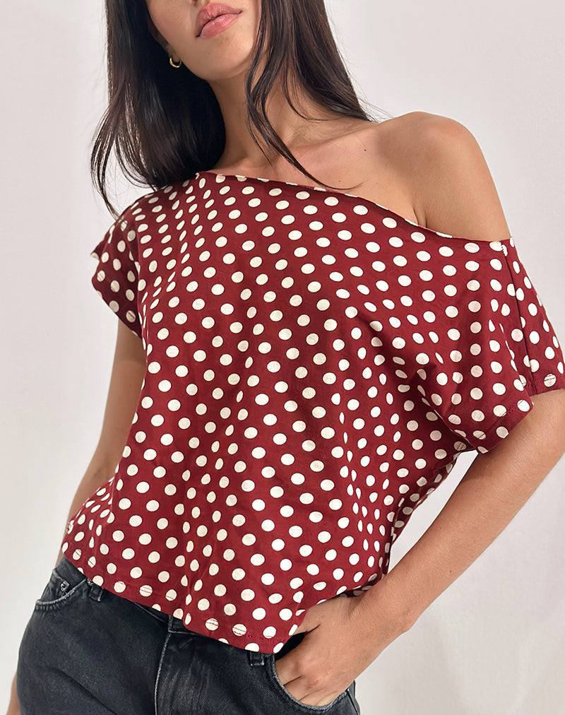 Afbeelding van Balia Asymmetrische Korte Mouw Top in Polka Wijn