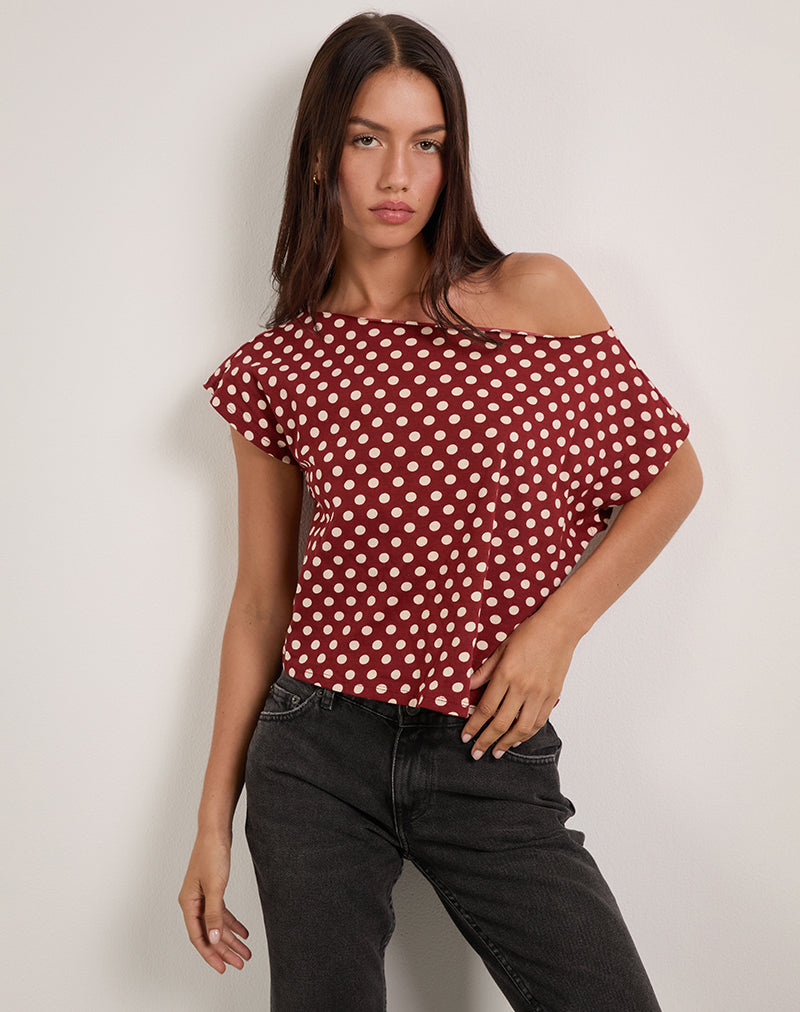 Afbeelding van Balia Asymmetrische Korte Mouw Top in Polka Wijn