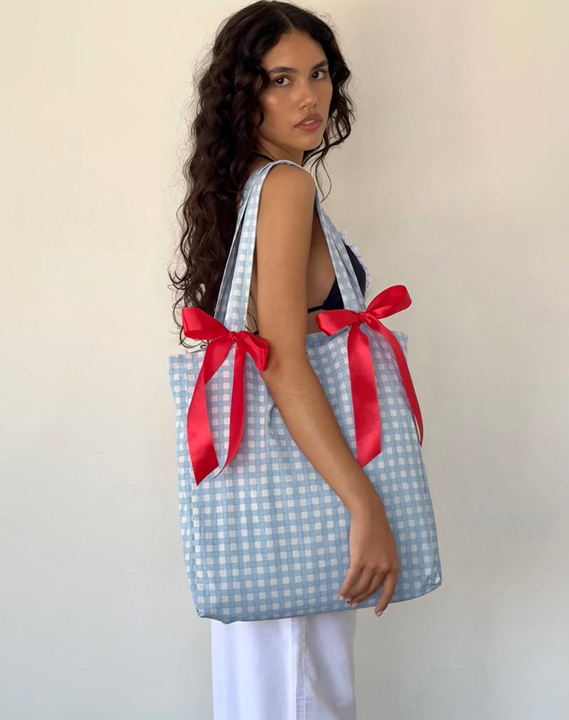 Afbeelding van Barbara draagtas in blauw geruit met rode strik