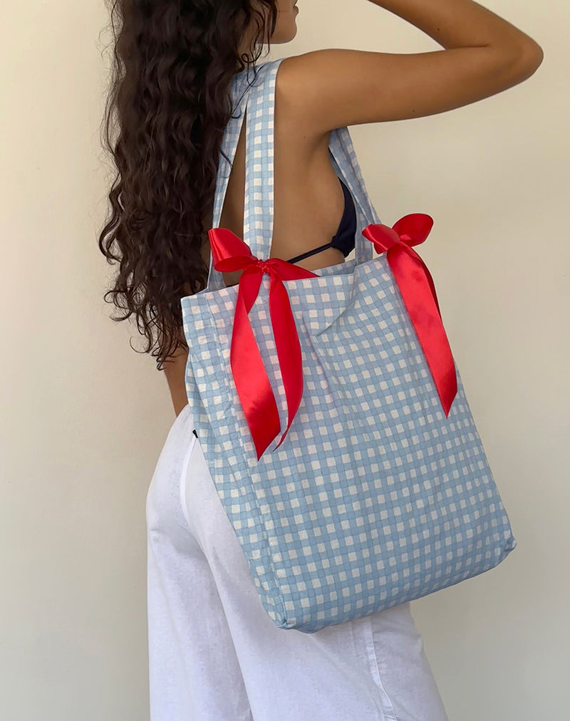 Afbeelding van Barbara draagtas in blauw geruit met rode strik