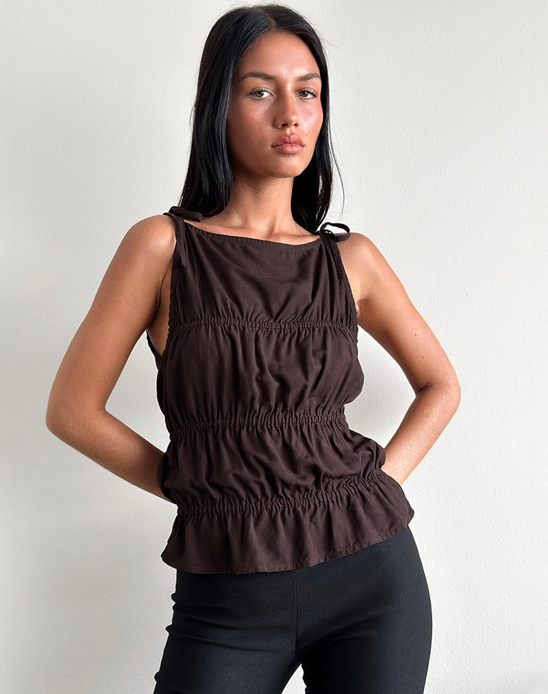 Beck Stropdas Top met Ruches in Bittere Chocolade