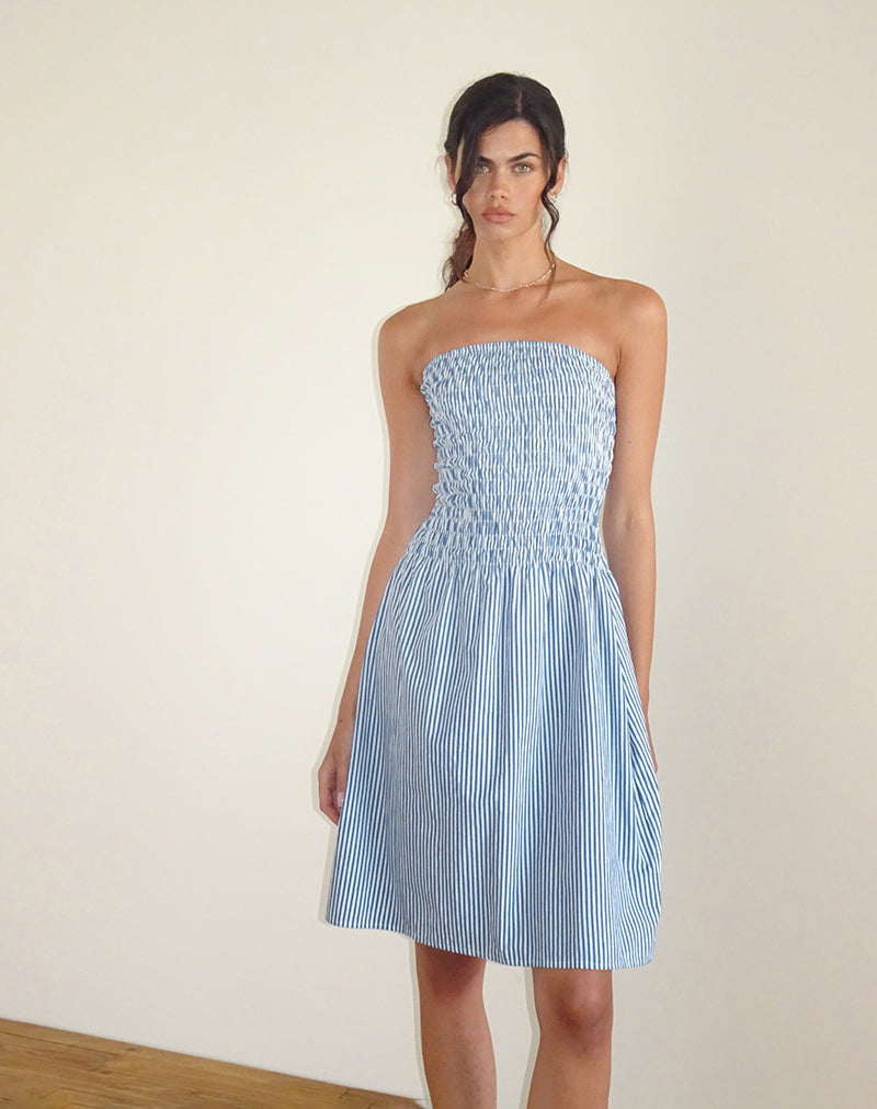 Afbeelding van Belesi Midi Dress in Blauw Kleine Verticale Streep