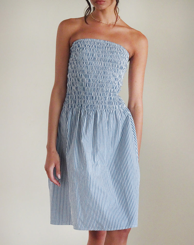 Afbeelding van Belesi Midi Dress in Blauw Kleine Verticale Streep
