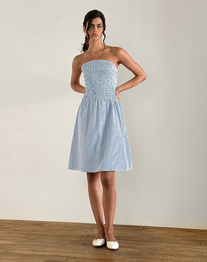Belesi Midi Dress in Blauw Klein Verticaal Streepje