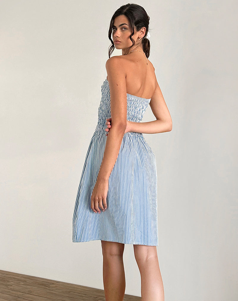 Afbeelding van Belesi Midi Dress in Blauw Kleine Verticale Streep