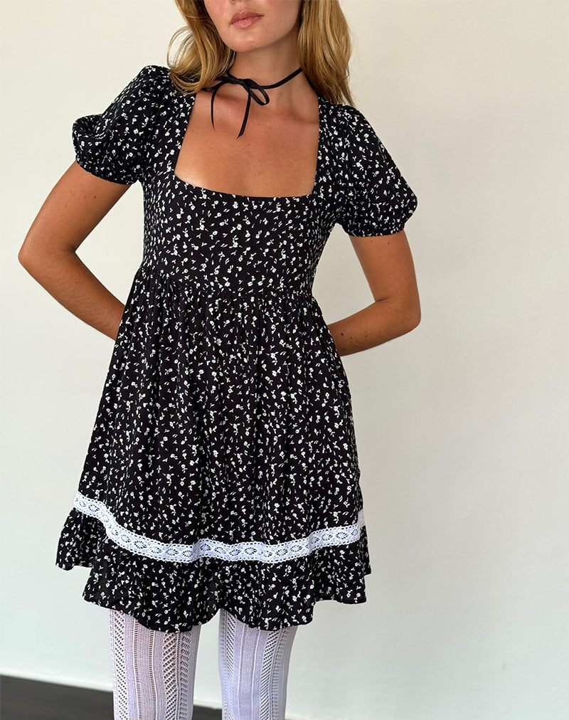 Afbeelding van Beling Mini Theejurk in Zwart Ditsy Romance