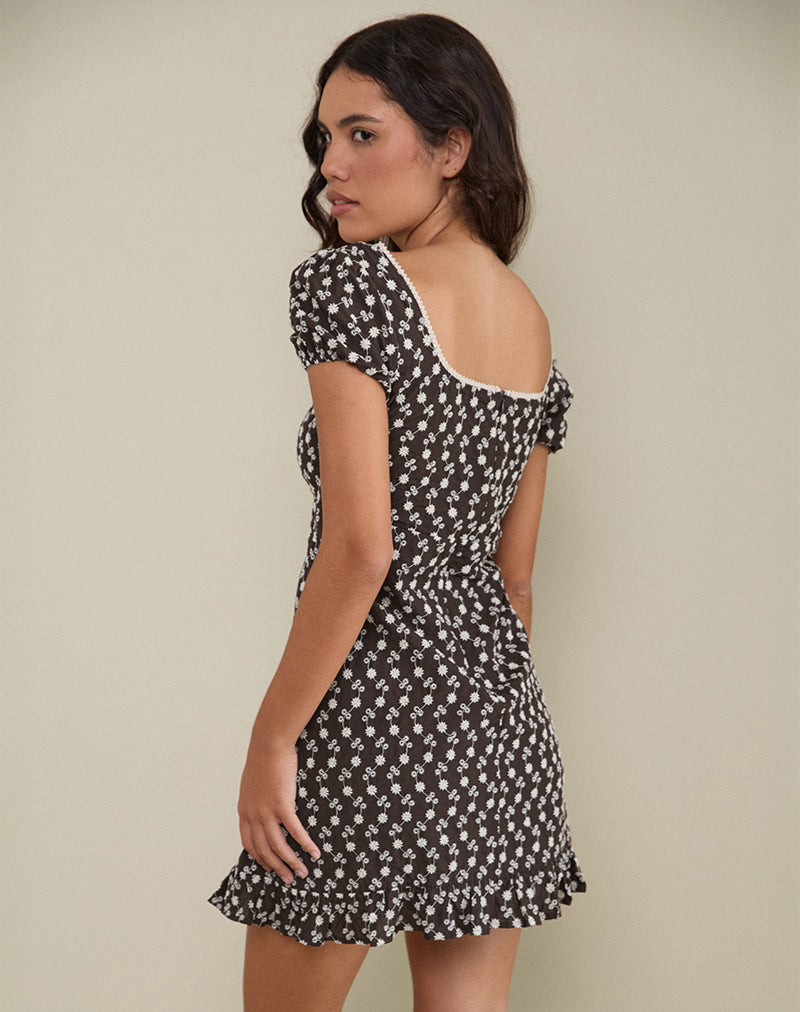 Bella Mini Theejurk in Floral Broderie Bruin