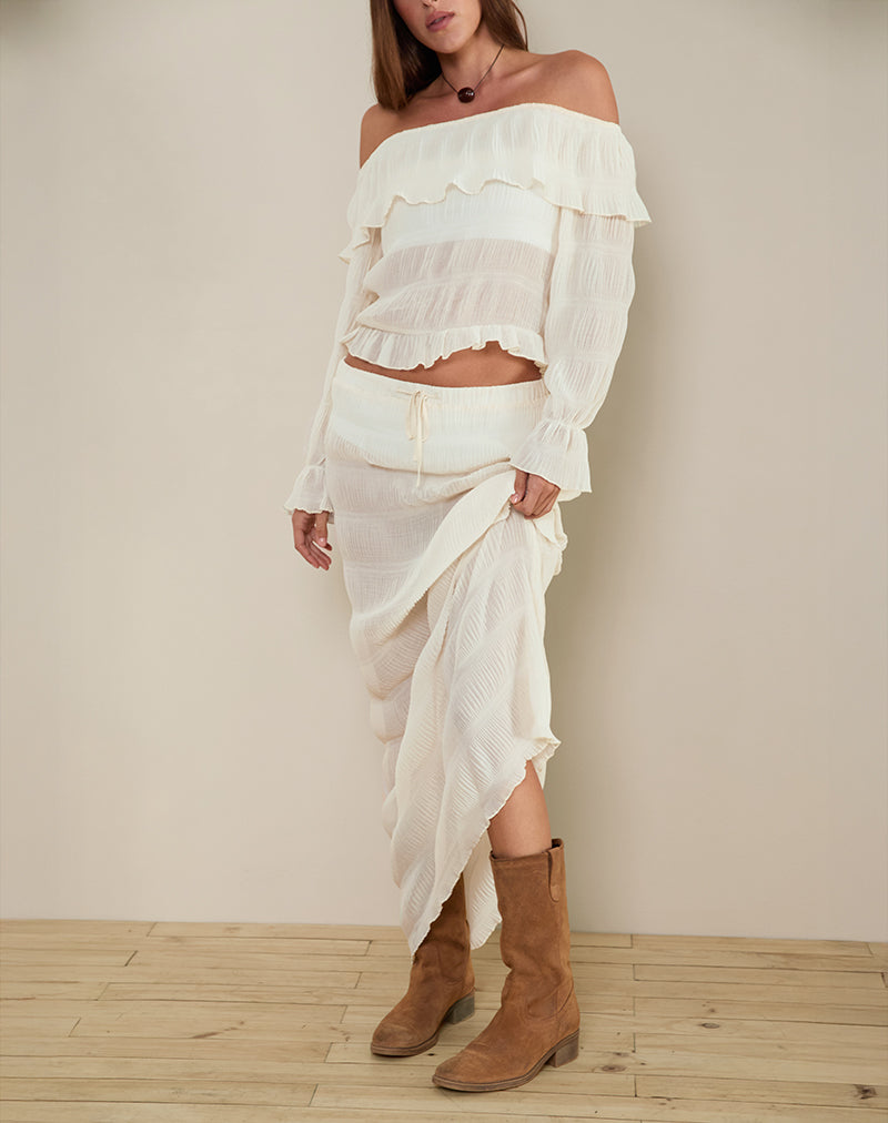 Kalena Bardot Top met lange mouwen in Chiffon Plisse Ivoor