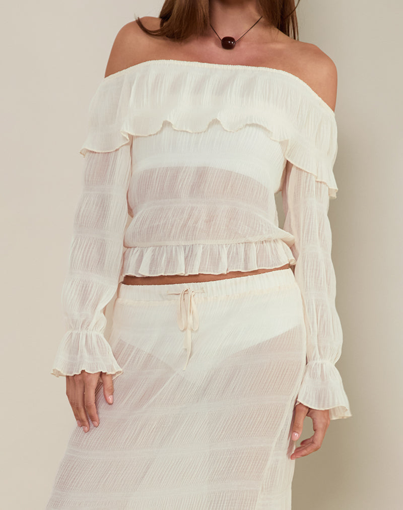 Kalena Bardot Top met lange mouwen in Chiffon Plisse Ivoor