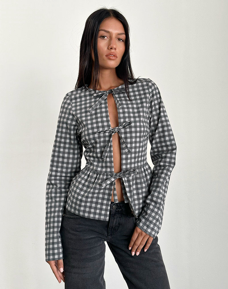 Afbeelding van Bertaria Lange Mouw Top in Ton-sur-ton Gingham Zwart-Grijs