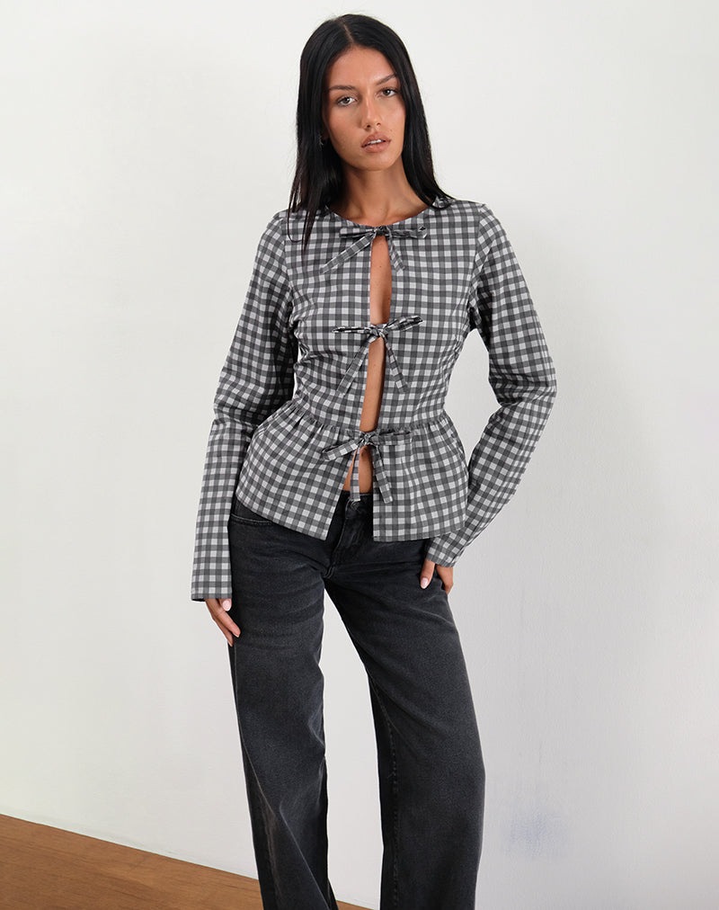 Afbeelding van Bertaria Lange Mouw Top in Ton-sur-ton Gingham Zwart-Grijs