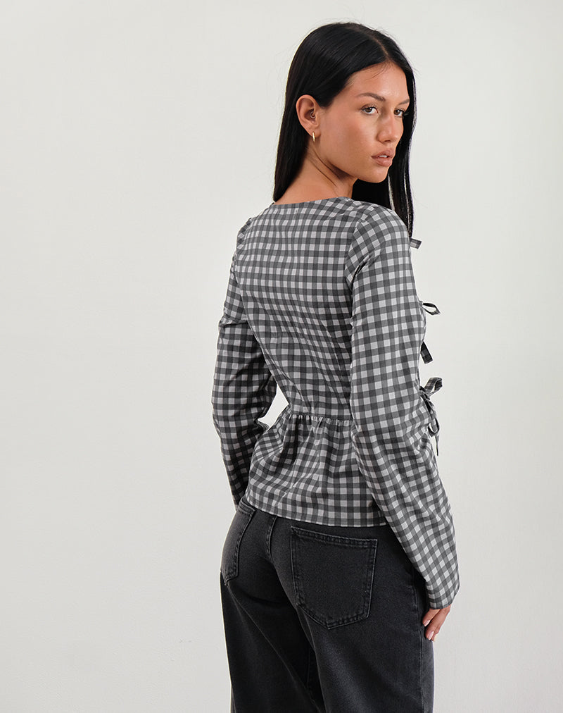 Afbeelding van Bertaria Lange Mouw Top in Ton-sur-ton Gingham Zwart-Grijs