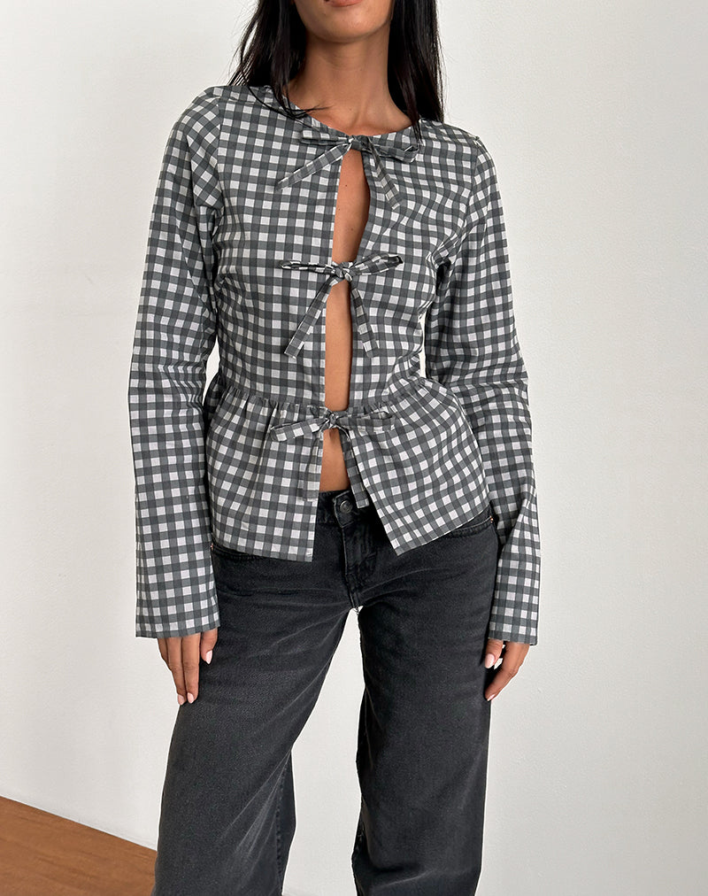 Afbeelding van Bertaria Lange Mouw Top in Ton-sur-ton Gingham Zwart-Grijs
