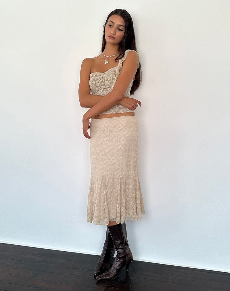 Afbeelding van Betharia Frill Detail Midi rok in Nude Lace