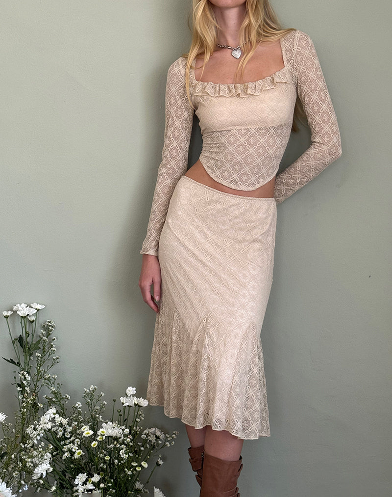 Betharia Midi-rok met volants in naakt kant
