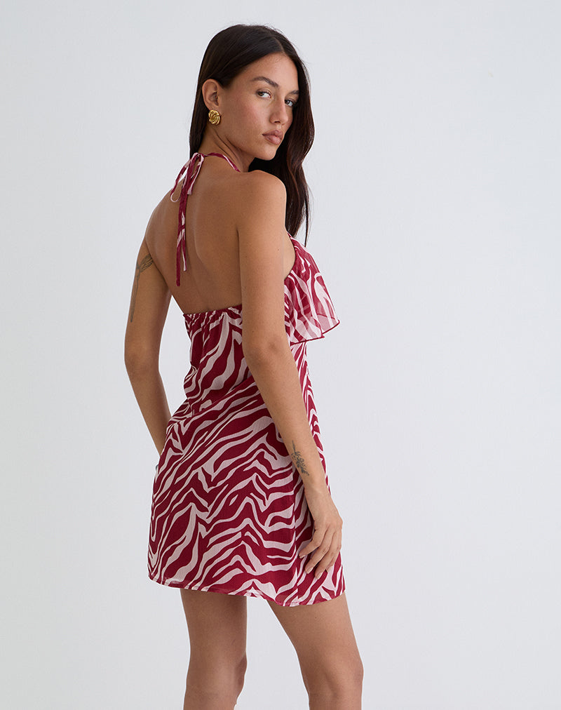 Afbeelding van Beyza Halter Mini Jurk in Zebraprint Rood