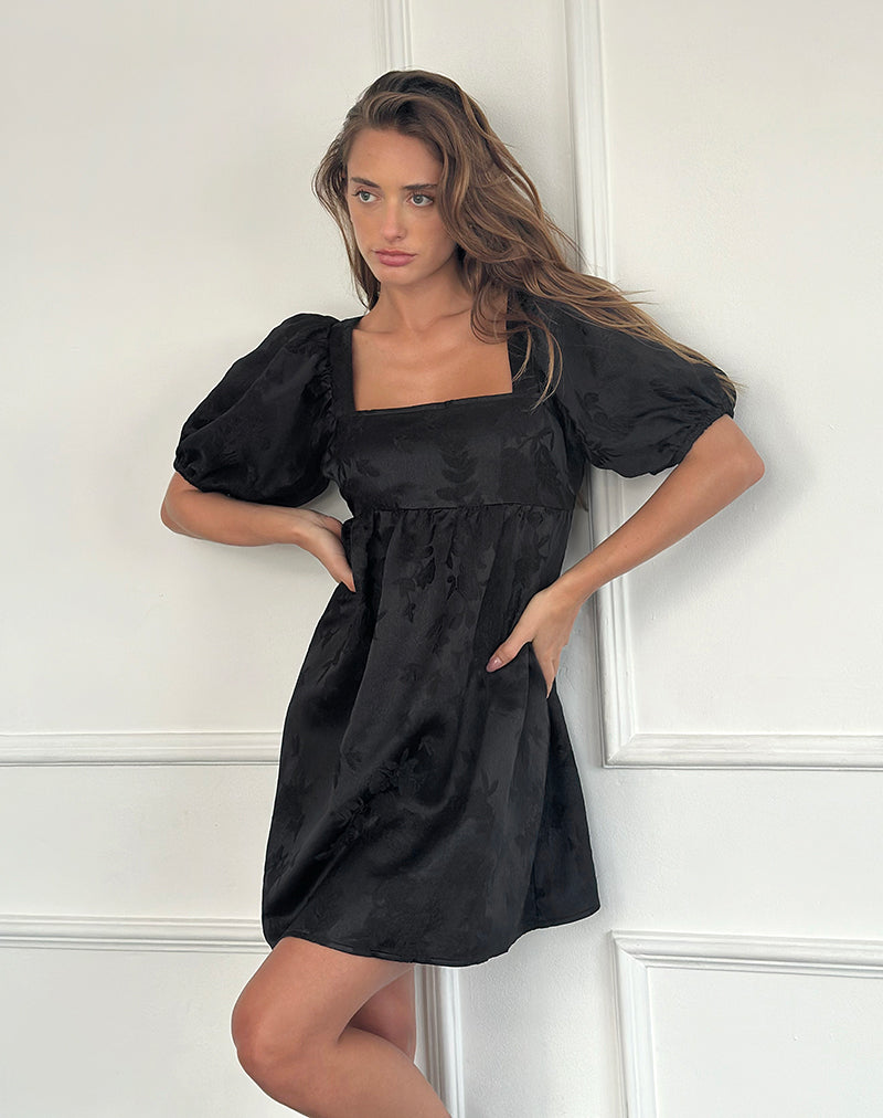 Bimbi Babydoll Mini Jurk in Satijn Jacquard Zwart
