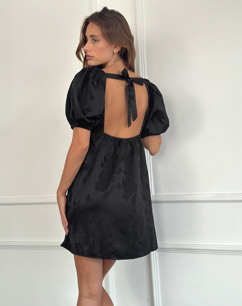 Bimbi Babydoll Mini Jurk in Satijn Jacquard Zwart
