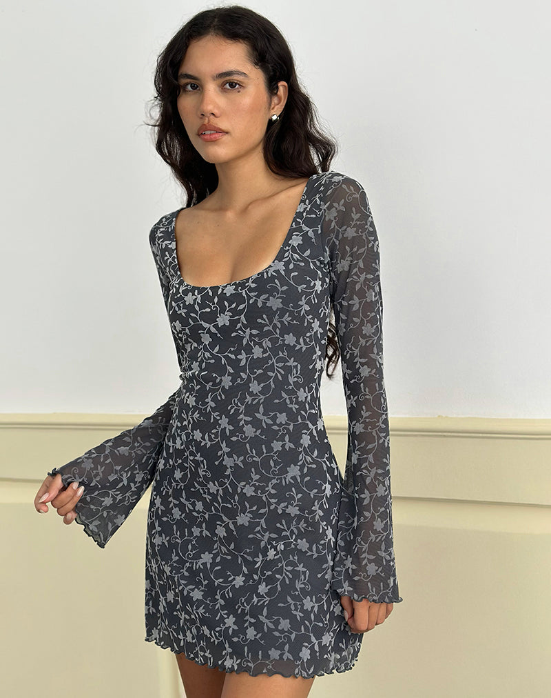 Bindara Mini Dress in Pretty Petal Flock Donkergrijs