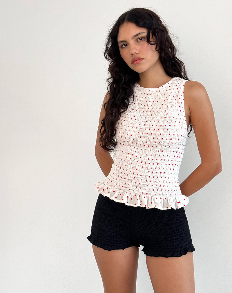 Birita Shirred Tank Top in Wit en Rood Polkadot