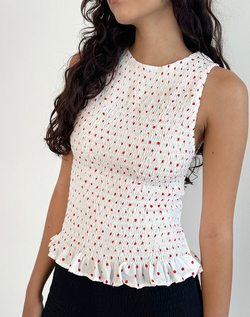 Birita Shirred Tank Top in Wit en Rood Polkadot