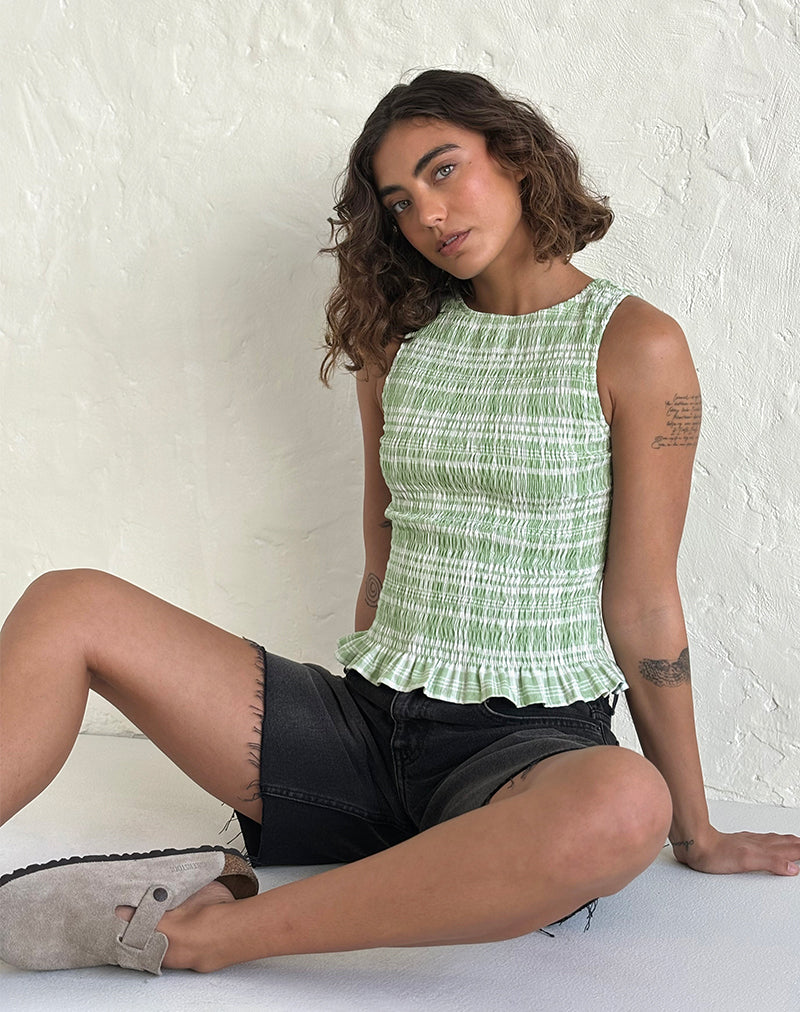 Birita Shirred Top in tafelkleed Neo Mint