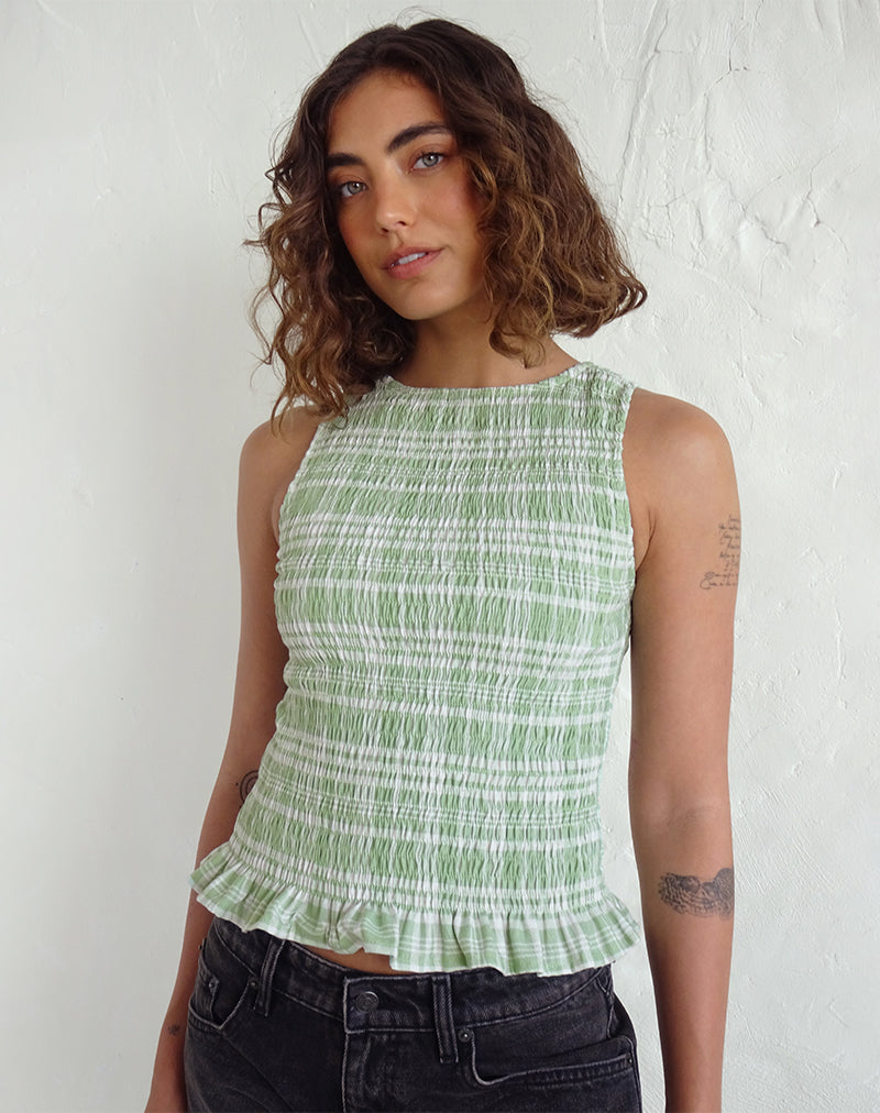 Birita Shirred Top in tafelkleed Neo Mint