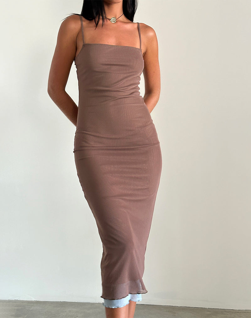 Afbeelding van Bisilk Midi Dress in Mesh Bruin met Lichtblauw