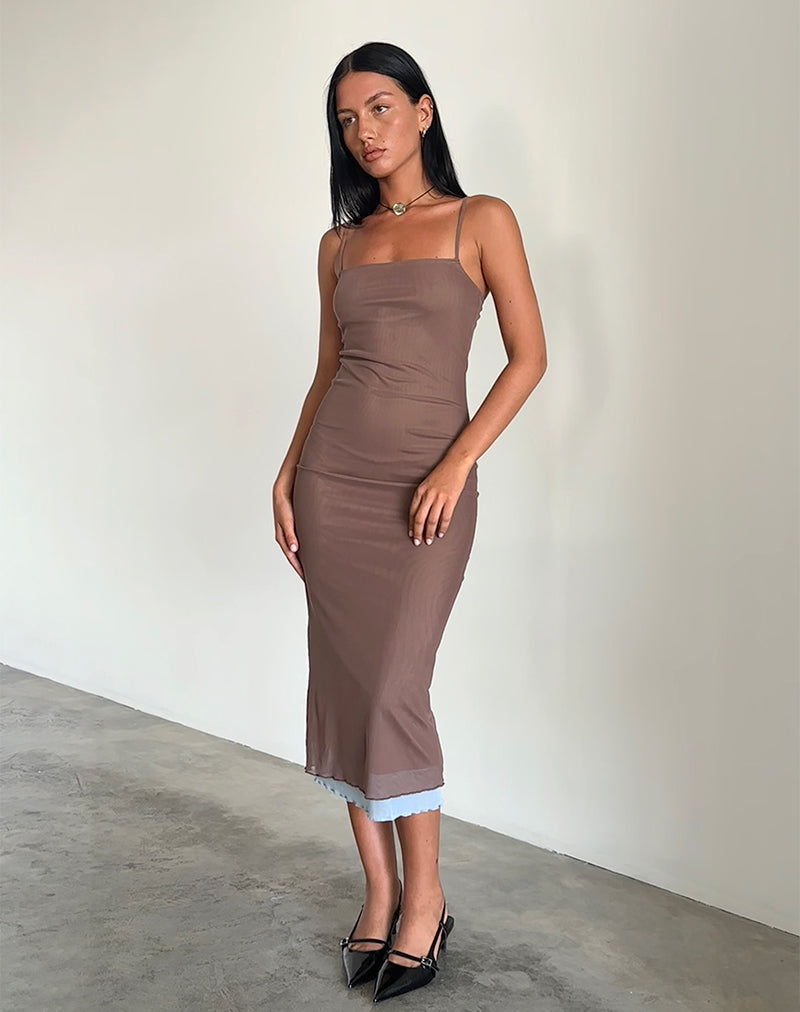 Afbeelding van Bisilk Midi Dress in Mesh Bruin met Lichtblauw