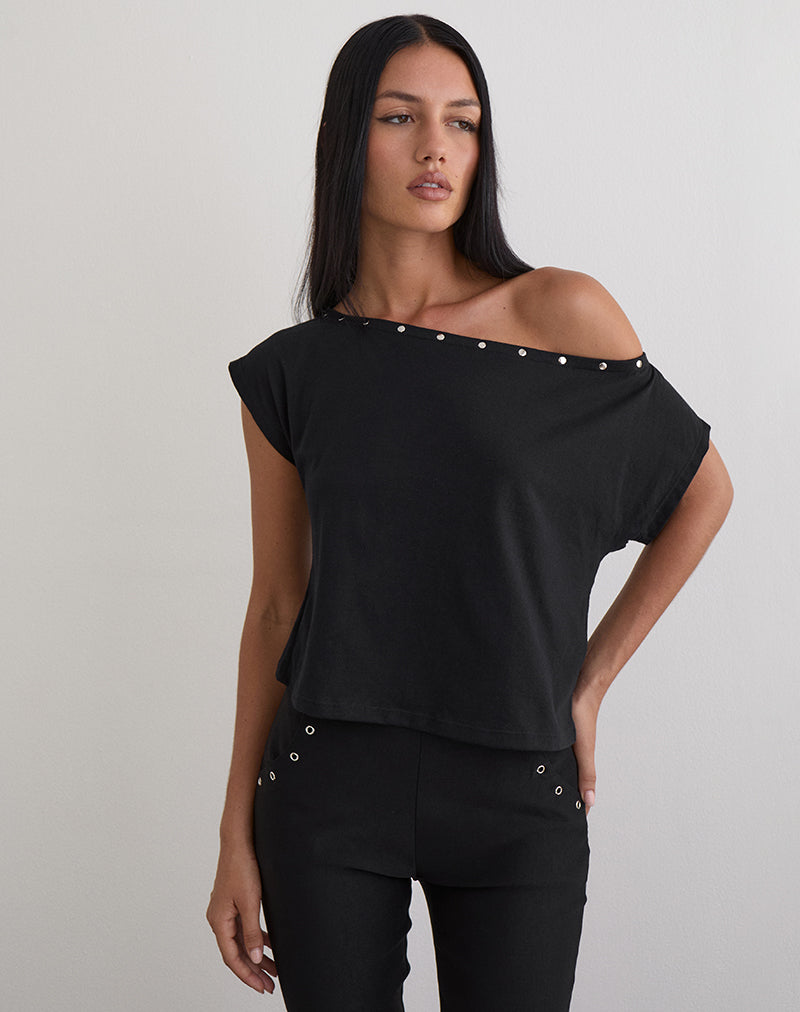 Bizzy Top in Jersey Zwart met studs
