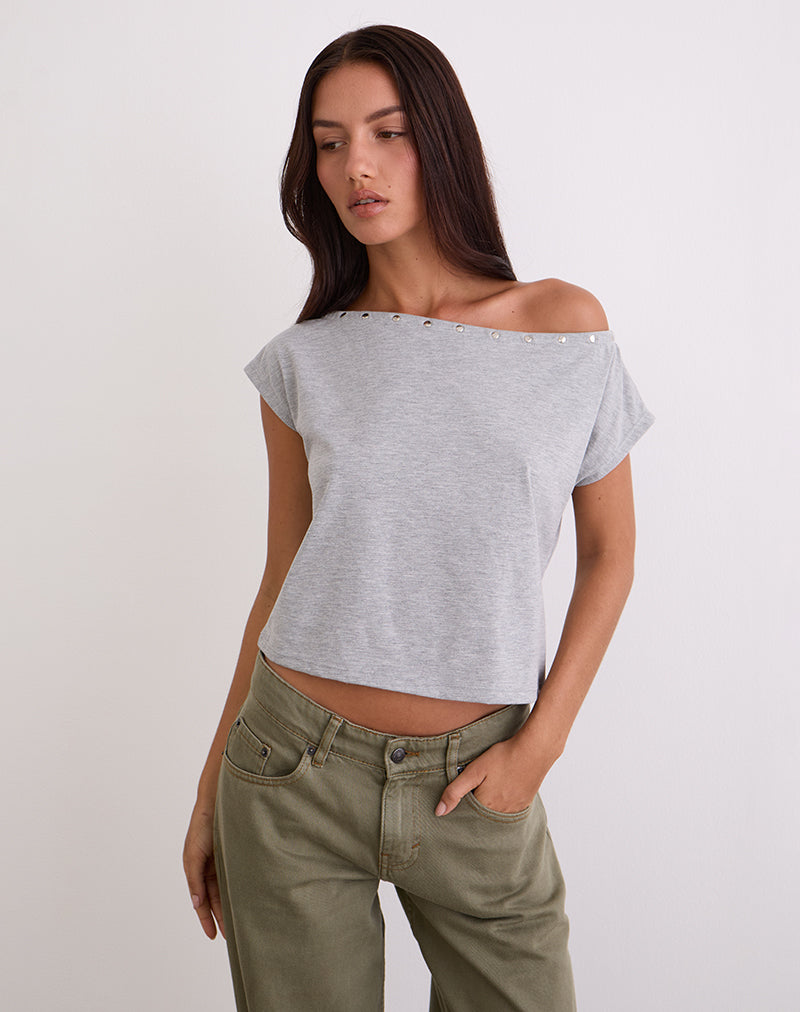 Afbeelding van Bizzy Top met Studded Halslijn in Grijs Marl
