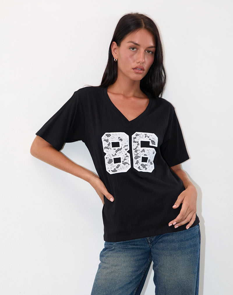 Afbeelding van Blaine Oversized T-shirt in zwart met 86 wit kantborduursel