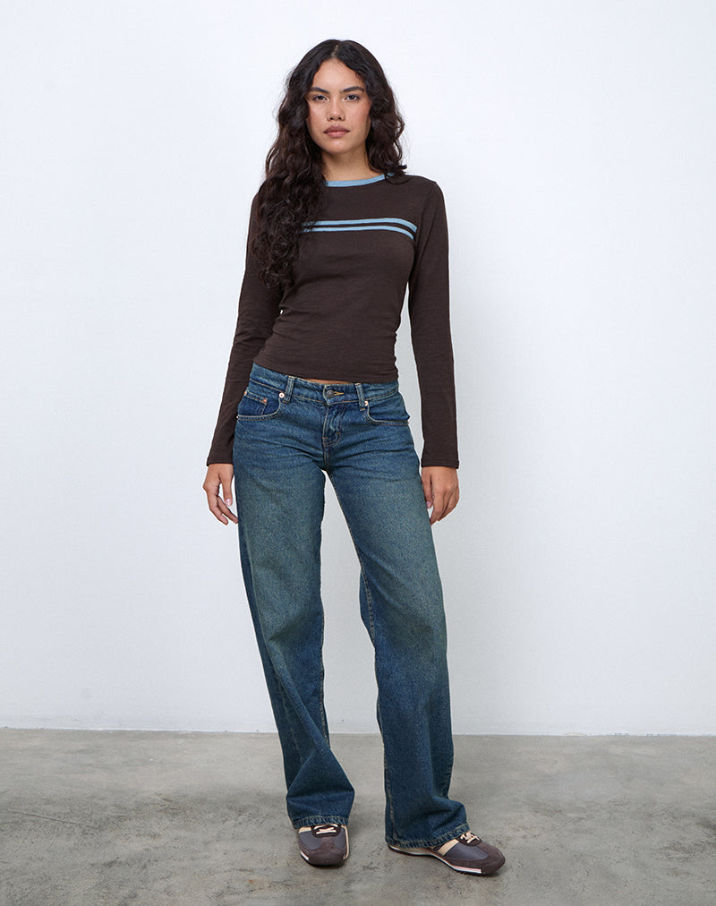 Afbeelding van Bonjita Top in Chocoladebruin met Ash Blue Two Stripe Binding